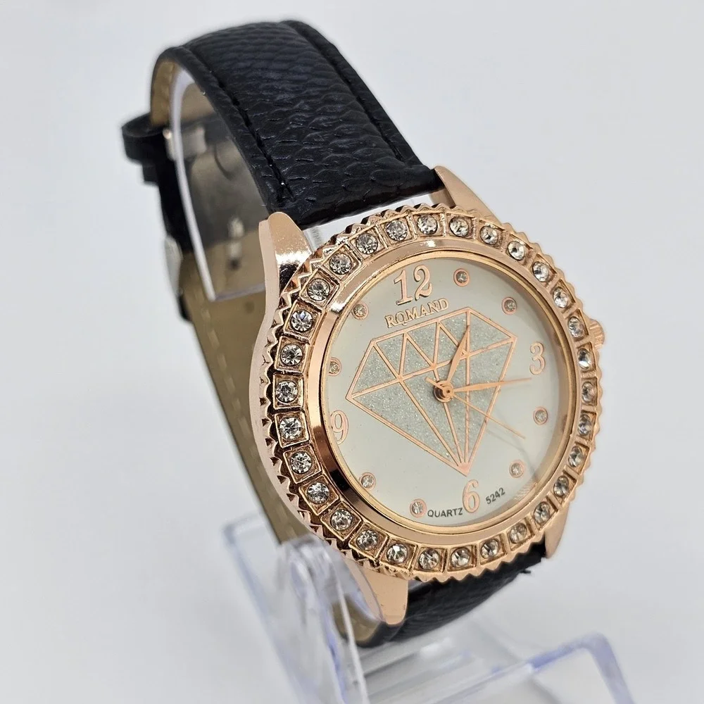 41MM Women Watch Cream Dial‎ Crystal Bezels Black Faux Leather Bands NEW Battery